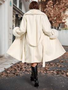 Reflora White Elegant Semi Formal Curvy Plus Size Women's Furry Collar Double-Breasted Overcoat,Warm Soft Long-Sleeved Overcoat With Inner Pockets,Autumn 2025 - Apricot - View 9