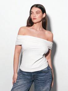 Maija 大码女式休闲基本款露肩 T 恤 - 白色 - 查看 5