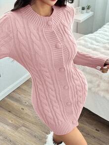 EURMUSE Solid Color Front Button Cable Knit Fitted Mini Dress - Baby Pink - View 4