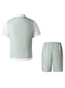 SHEIN 2pcs/Set Teen Boy Gentleman Suit, Mint Green Chest Panel Contrast Slim Fit Vest + Shorts, Elegant Formal Outfit For Birthday, Wedding, Graduation, Party, Wedding Guest, Pageboy, Ring Boy, School, Campus, College - Mint Green - View 2