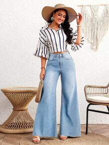 Breezaya Quần jean ống rộng dáng rộng có túi cho nữ - Rửa nhẹ - Xem 7