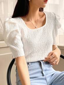 DAZY 圓領蓬蓬袖t恤 - 白色 - 查看 7