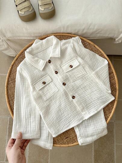 SHEIN 2pcs Baby Boy Toddler Newborn 0-3 Years Old Casual Gentleman Daily Outings Versatile Refined Pure Cotton Double-Layer Crepe Cotton Fabric Shirt Top And Pants Set, Baby Cotton Outfit, White Set
