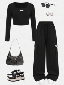 SHEIN 青少年女孩休闲针织高领长袖上衣和宽松工装口袋裤套装，非常适合秋冬街头穿着，周末休闲外出，母子装，青少年装，黑色青少年装，黑色工装裤套装，返校服装 - 黑色 - 查看 3