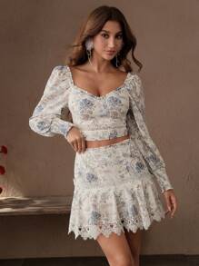 SHEIN Unity Ladies' Spring/Summer Easter Bohemian Floral Lace Splicing Blue Two Pieces Set - Blue - View 5