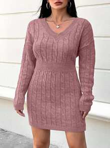 EURMUSE Plus Size Solid Color Minimalist Everyday Knit Long Sleeve Sweater Dress - Dusty Pink - View 1
