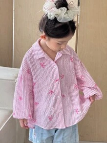 SHEIN Young Girl Woven Bow Striped Shirt With Criss-Cross Back Design, Casual, Korean Style, Suitable For Spring, Summer, Autumn, Winter Girls Open Back Shirt Girls Pink Bow Shirt Girls Tie Back Shirt Girls Fall Outfits Long Sleeve Pink Striped Blouse With Drop Shoulder And Stylish Back Bow Accent  Girls Pink Shirt - Pink - View 6
