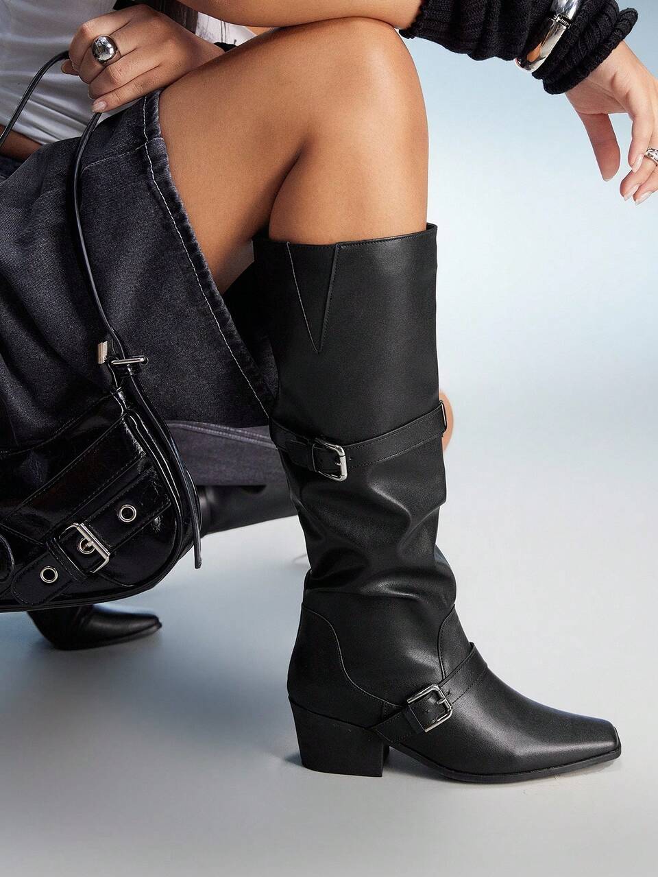 CUCCOO GRLICON Women's Outdoor Square Toe Chunky Heel Black PU Fabric Silver Button Decor Fashion Comfortable Daily & Party Slip-On Boots, Suitable For Music Festivals, Halloween, Christmas, Parties, Y2K Style