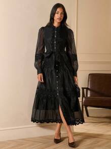 Lilora Váy maxi xếp nếp nhiều lớp ren đen trơn màu cổ điển lãng mạn thanh lịch có nút, thắt eo, nơ, tay áo đèn lồng cho tiệc tùng, mùa xuân/thu - màu đen - Xem 5