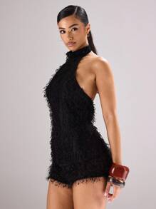 MUSERA Halter Neck Textured Fluffy Longline Top Festival, Concert, Rave, Club, , Sexy Backstage Night Out Going Out   Fall - Black - View 2