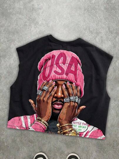 Manfinity Roghcode Men's Round Neck Graphic Print Black Fashionable Cropped Tank Top, Emo