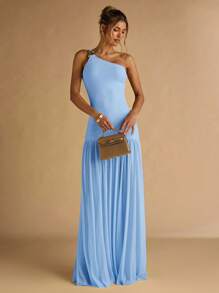 SHEIN BAE 女士杏色不对称肩部金属扣装饰紧身连衣裙，透明下摆，优雅 - 淺藍色 - 查看 4