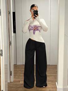 SHEIN ICON Ultra Low Rise Vintage Loose Wide Leg Extra Long Pants Work Pants - Black - View 5