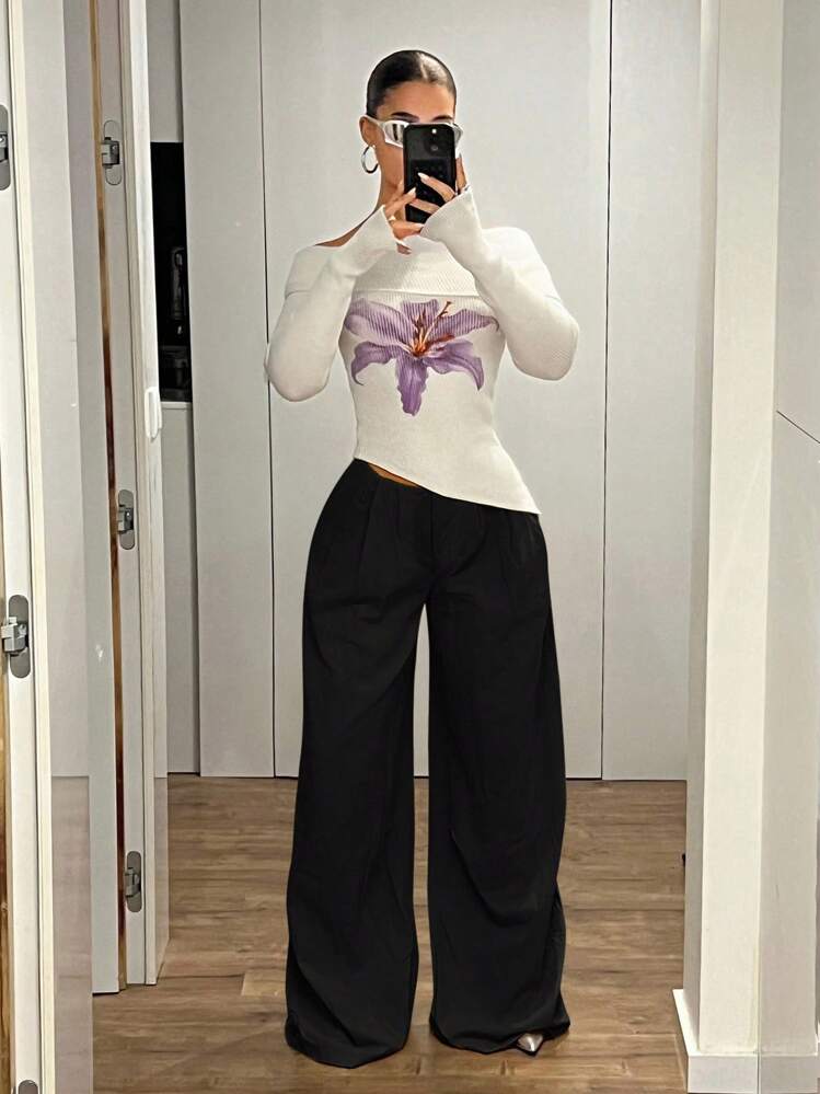 SHEIN ICON 超低腰复古宽松阔腿加长裤 - 黑色 - 查看 5