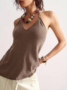 Bohemela Women's Casual Solid Color Knit Loose Fit Tank Top - Brown - View 4