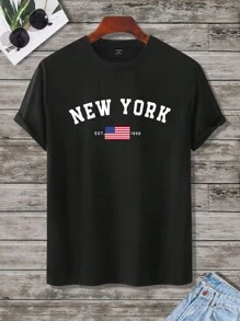 Manfinity Homme 男士圆领短袖字母图案休闲T恤，夏季 - 黑色 - 查看 2