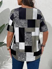 EMERY ROSE Plus Size Casual Colorblock Geometric Print Short Sleeve T-Shirt - Grey - View 2