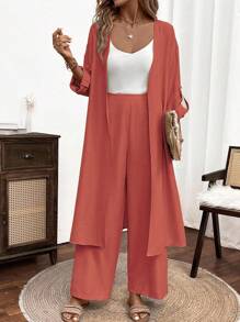 SHEIN JORESS 2件套女士纯色长袖上衣和阔腿裤套装 - 珊瑚橙 - 查看 4