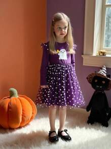 SHEIN Perso Play Kleine Mädchenkleid mit lila Mesh-Überlagerung, süßes Muster Druckdekor Puffärmel, essentiell für tägliche Ausflüge im Herbst