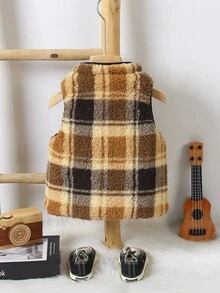 1pc Toddler Boys' Fashion Sherpa Quilted Zip-Up Vest,Brown Checkered Plaid Design,Modest Autumn Winter Outdoor Clothes,Date Outfit For Baby Boy - Multicolor - View 2