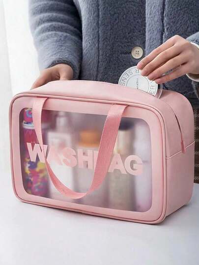 SHEIN 1 件女士大容量便携式旅行洗漱包，适用于化妆和浴室必需品，复古化妆刷收纳，奢华多口袋化妆包，可爱 PU 皮革防水便携式化妆刷收纳洗漱包