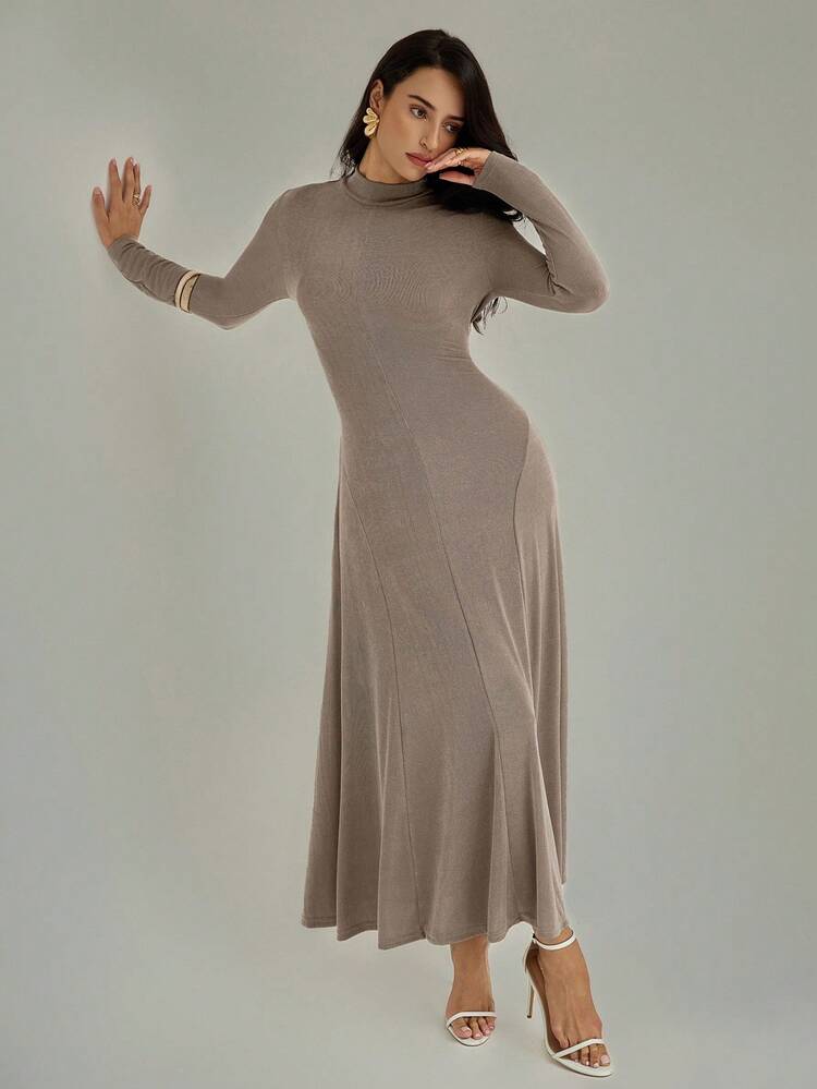 Modelyn Women's Solid Color Fitted Elegant Office Wear Long Sleeve Dress - Camel - View 7