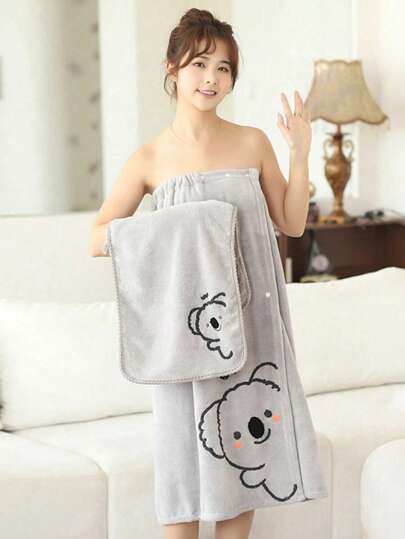 SHEIN 1 pieza Bata de mujer de poliéster, color gris sólido con patrón de animales lindos bordados/Toalla de lavado, absorbente y de secado rápido, adecuado para baño, hotel, fiesta, playa, viaje, regalo de vacaciones, decoración del baño del hogar, regreso a la escuela de verano
