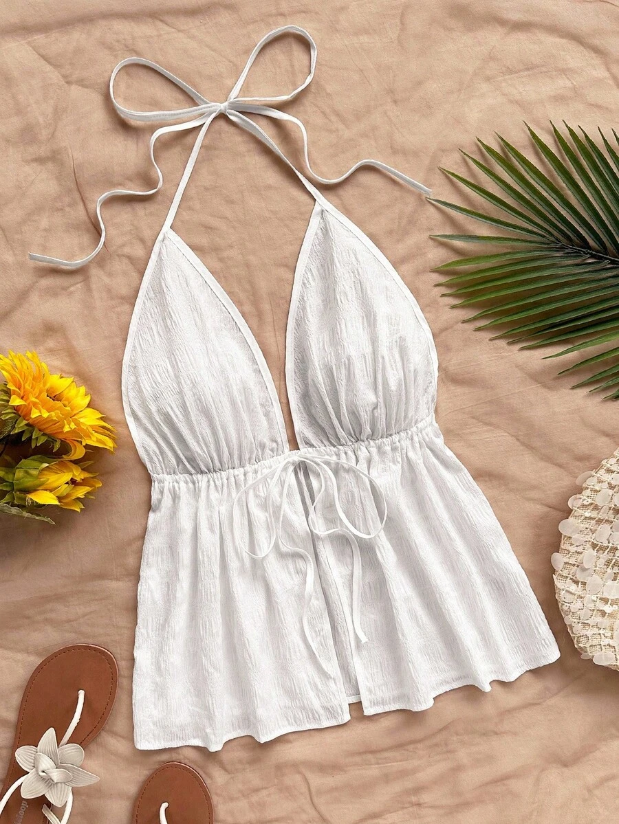 Soleia Casual V-Neck Tie Backless Textured Fabric Red Tank Top