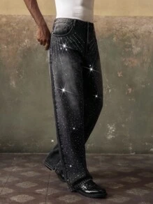 AKNOTIC Celana Jeans Panjang Pria Kasual Longgar Bahan Tenun, Pakaian Sehari-hari, Gaya Grunge - Hitam - View 5