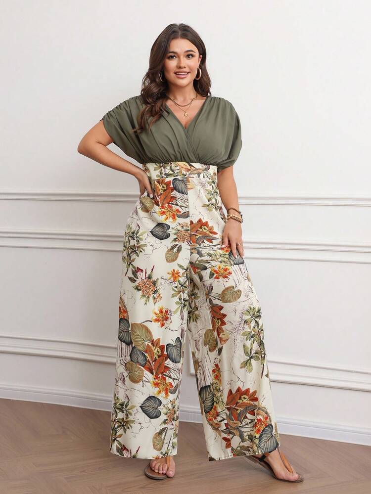 Women's Fashion Casual Elegant Floral Print Patchwork Long Jumpsuit - Green - View 4