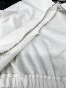 女款純色休閒極簡風假口袋前開襟圓領長袖外套，秋季日常穿搭白色布料 - 杏色 - 查看 3