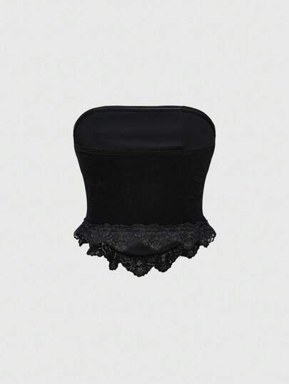 Goth Gothic Castle Cross Embroidery Square Neck Lace Patchwork Black Tube Top Halloween For Women