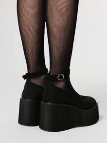 ROMWE Goth 厚底圆头扣平底鞋，朋克哥特风格浅口舒适休闲女鞋 - 黑色 - 查看 5