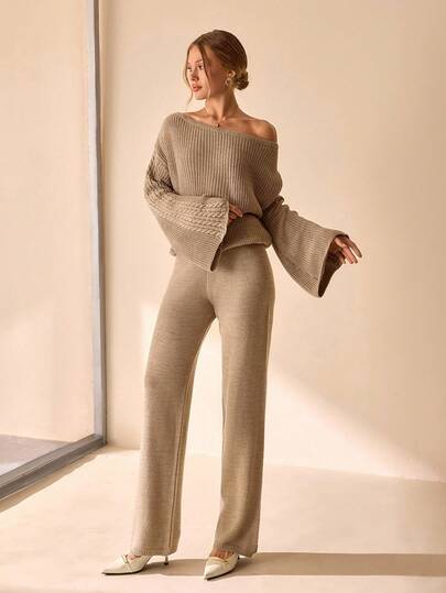 CLARA VERO Casual Cable Knit One Shoulder Off Asymmetric Neckline Flare Sleeve Sweater & Solid Color Plain Pattern Wide Leg Knitted Pants 2 Pieces Set For Fall Wİnter Women Outfits,Winter Clothes