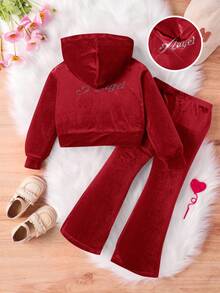 SHEIN 年轻女孩 2 件套水钻字母图案天鹅绒连帽衫和喇叭裤、运动裤、服装、可爱、休闲和复古，非常适合夏季和秋季休闲和日常穿着和学校日常穿着，适合圣诞节 - 紅色 - 查看 7