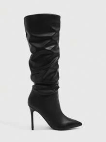 CUCCOO SZL Women's Rhinestone Pointed Toe Pleated Thigh High Boots, Fashionable For Date & Party Outfit For Christmas Spring Shoes - Black - View 5