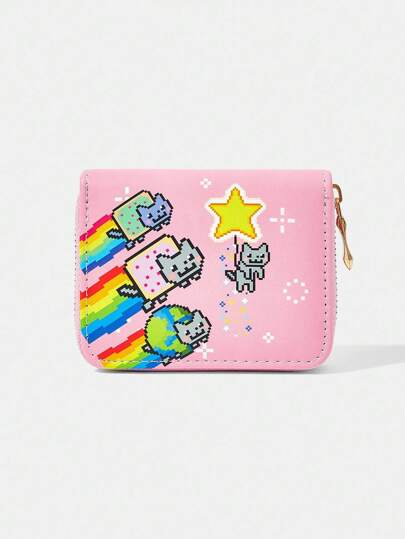 Nyan Cat X SHEIN 粉色五角星卡通图案拉链零钱包小钱包