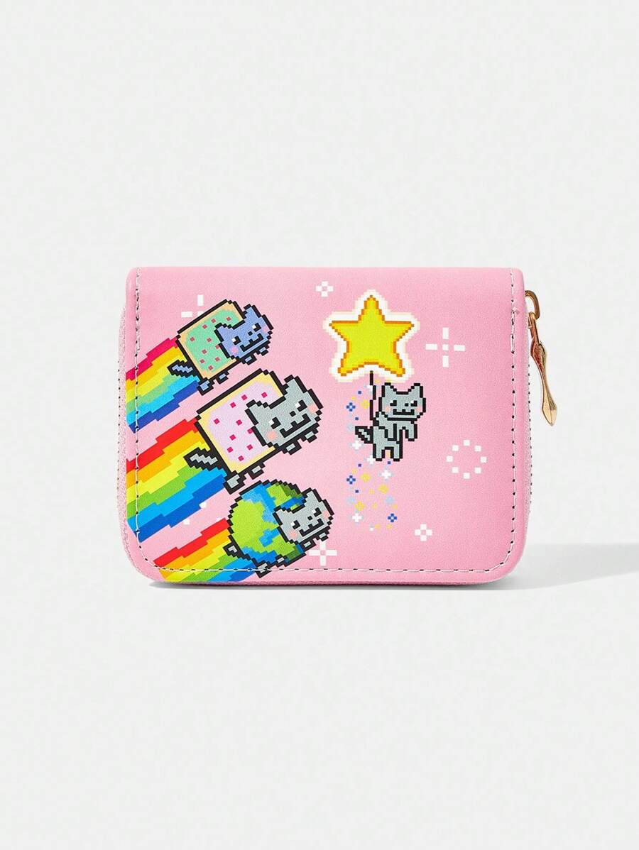 Nyan Cat X SHEIN 粉色五角星卡通图案拉链零钱包小钱包
