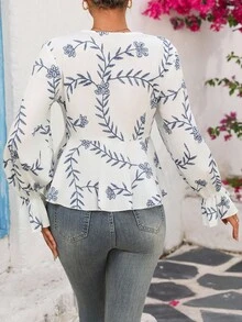 Vivid Eden Women's White And Blue Floral V-Neck Elegant Long Bell Sleeve Blouse,Boho Tops For Autumn,Vacation,Holiday Summer Boho Blouse, - White - View 3