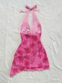 Soleia Beach, Music Festival, Summer Holiday Floral Print Halter V-Neck Tie Neck Mesh Ruched Romantic Vacation Dress For Women,Summer Dresses For Women;Autumn And Winter;Back To School;Homecoming;Concert;Halloween;Christmas;Teacher;Night Out  Going Out Tops;Cute;Sexy;Graphic