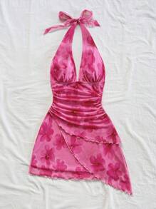 Soleia Beach, Music Festival, Summer Holiday Floral Print Halter V-Neck Tie Neck Mesh Ruched Romantic Vacation Dress For Women,Summer Dresses For Women;Autumn And Winter;Back To School;Homecoming;Concert;Halloween;Christmas;Teacher;Night Out  Going Out Tops;Cute;Sexy;Graphic