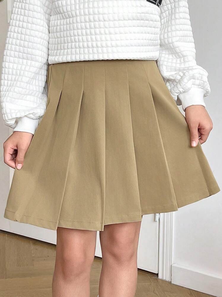 SHEIN Tween Girl Sweet And Cool Style Solid Color Pleated Skirt With Woven Texture - Khaki - View 7