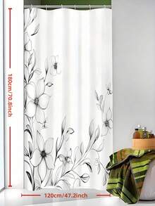 SHEIN 1PC Floral Shower Curtain - Black & White Modern Botanical Print, Waterproof Polyester Fabric With Rust-Resistant Grommets, Machine Washable Bathroom Decor - Luxury Spa Style, Hotel Inspired, Woven Textured Design For Bath & Shower