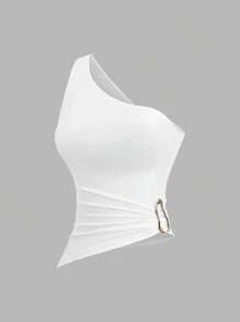 Sweetra Nouveau ensemble de blouse femme printemps/été asymétrique avec col asymétrique, boucle métallique décorative sur une seule épaule, convient pour les vacances à la plage