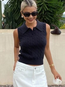 Livesso 女式马球领扭纹休闲无袖针织上衣