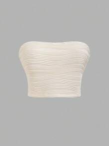 2 件套青少年女孩海滩度假休闲甜美修身抹胸和高腰荷叶边下摆迷你裙，针织纹理面料 - 杏色 - 查看 4