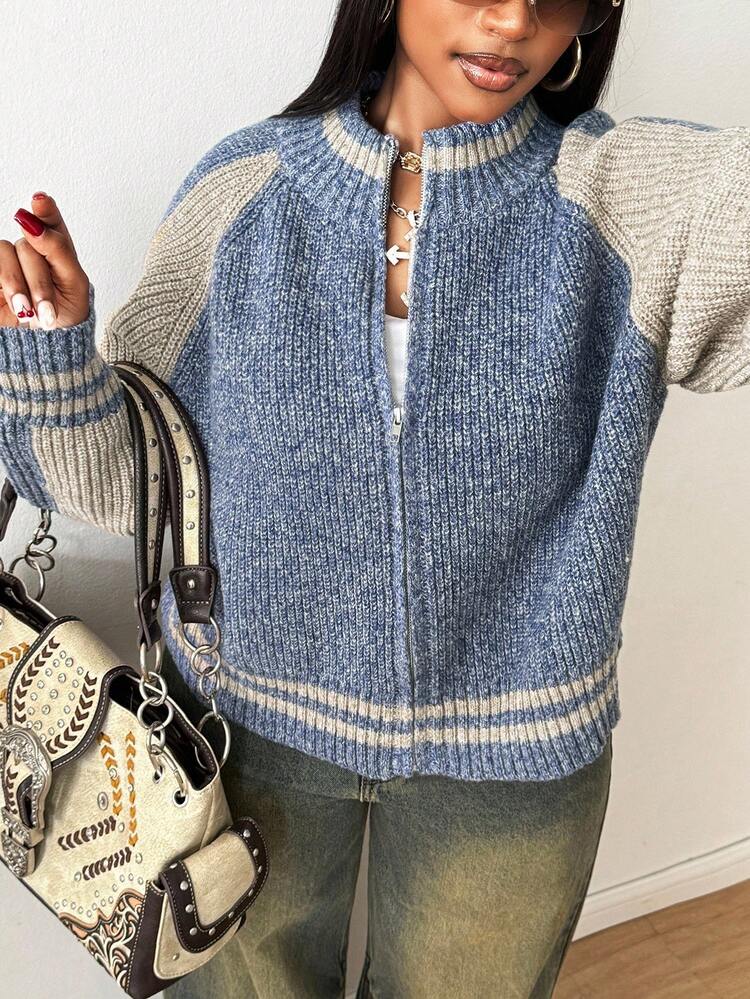 Maweii Plus Size Women Contrast Color Raglan Sleeve Zip Front Loose Knit Cardigan Fall Winter Cloth For Women Autumn - Blue and White - View 2