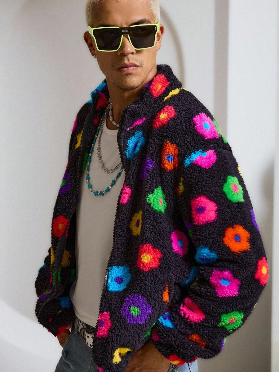 STEELVANCE 男士休闲花卉印花夹克，秋冬，2000 年代风格，秋季 - 黑色 - 查看 1