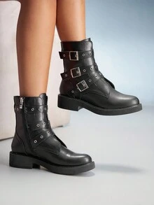 CUCCOO GRLICON Giày bốt cổ ngắn nữ, kiểu Y2K, phong cách Punk, phong cách Biker, phong cách cá tính, phù hợp cho Halloween, Giáng sinh, tiệc tùng. - màu đen - Xem 6