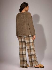 SHEIN Women's Plush Brown Embroidered Round Neck Long Sleeve Top & Plaid Pants Fluffy Pajama Set, Winter Plaid Fluffy Pajama Sets Fall Clothes, Cozy Outfit - Khaki - View 2